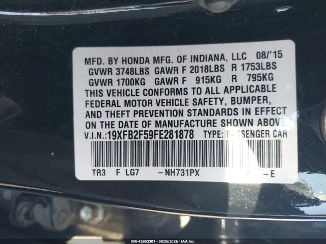 Honda Civic Lx 2015 19XFB2F59FE281878 Image 9