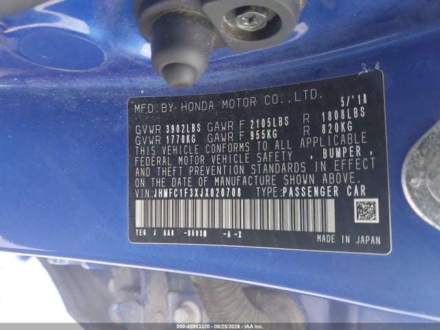 45953320 :رقم المزاد ، JHMFC1F3XJX020708 vin ، 2018 Honda Civic Ex-t مزاد بيع