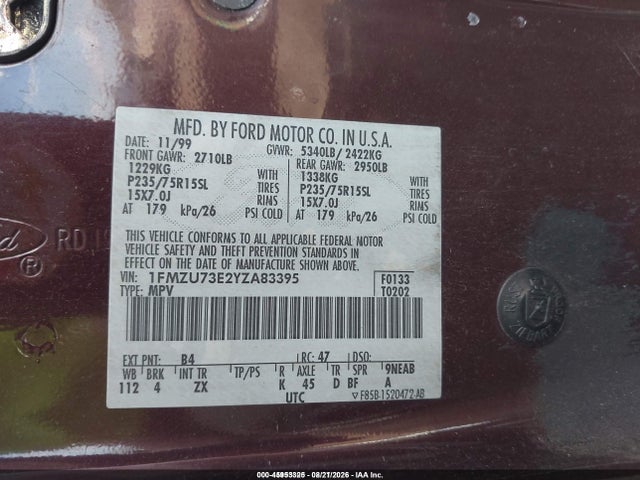 Продаж на аукціоні авто 2000 Ford Explorer Xlt, vin: 1FMZU73E2YZA83395, номер лоту: 45953325