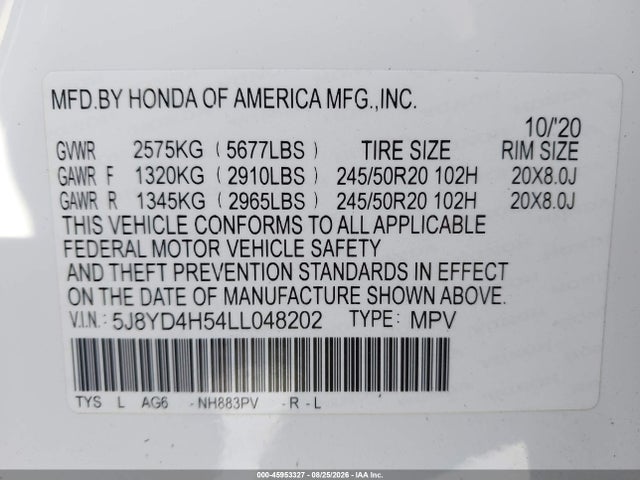 45953327 :رقم المزاد ، 5J8YD4H54LL048202 vin ، 2020 Acura Mdx Technology Package مزاد بيع
