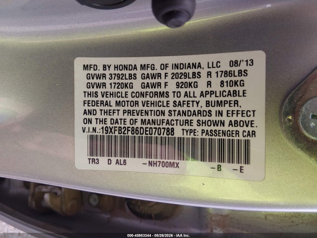 Продажа на аукционе авто 2013 Honda Civic Ex, vin: 19XFB2F86DE070788, номер лота: 45953344