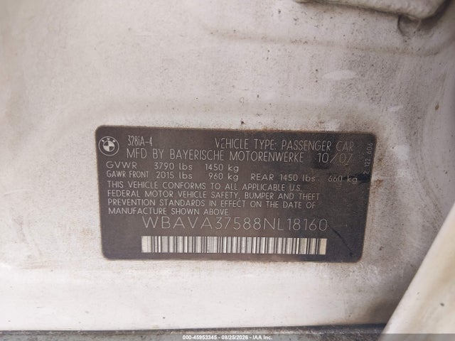 45953345 :رقم المزاد ، WBAVA37588NL18160 vin ، 2008 Bmw 328i مزاد بيع