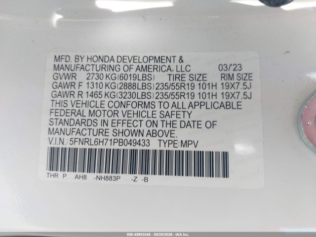 Продаж на аукціоні авто 2023 Honda Odyssey Sport, vin: 5FNRL6H71PB049433, номер лоту: 45953348