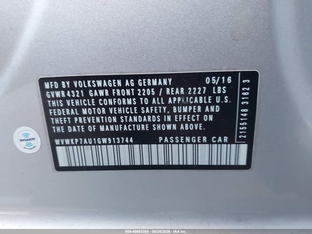 WVWKP7AU1GW913744 Volkswagen E-golf Se