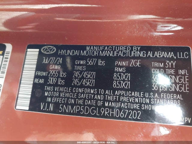 Aukcja sprzedaży 2024 Hyundai Santa Fe Calligraphy, vin: 5NMP5DGL9RH067202, numer aukcji: 45953357