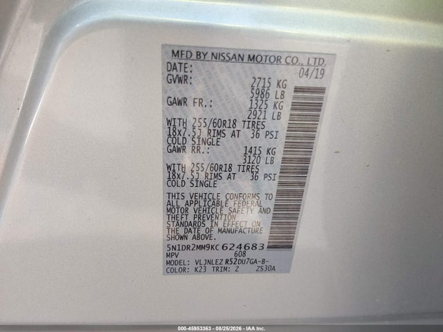 45953363 :رقم المزاد ، 5N1DR2MM9KC624683 vin ، 2019 Nissan Pathfinder Sv مزاد بيع