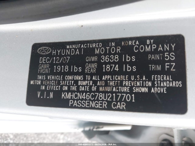 Продаж на аукціоні авто 2008 Hyundai Accent Gls, vin: KMHCN46C78U217701, номер лоту: 45953371
