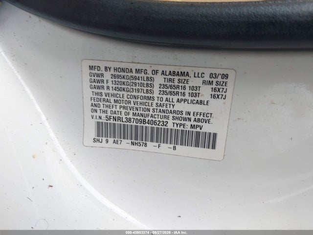 45953374 :رقم المزاد ، 5FNRL38709B406232 vin ، 2009 Honda Odyssey Ex-l مزاد بيع