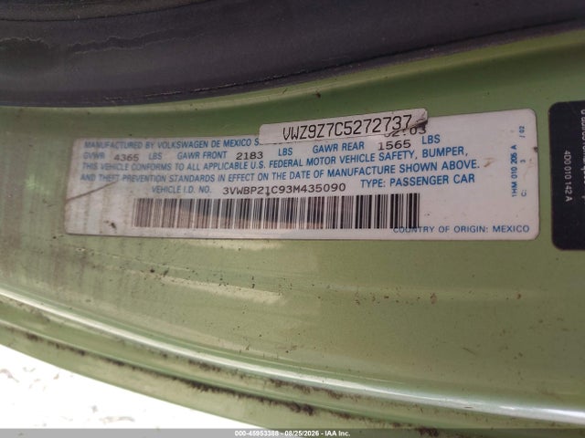 45953388 :رقم المزاد ، 3VWBP21C93M435090 vin ، 2003 Volkswagen New Beetle Gl Tdi مزاد بيع