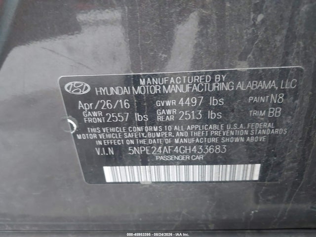 2016 Hyundai Sonata Se მანქანა იყიდება აუქციონზე, vin: 5NPE24AF4GH433683, აუქციონის ნომერი: 45953395