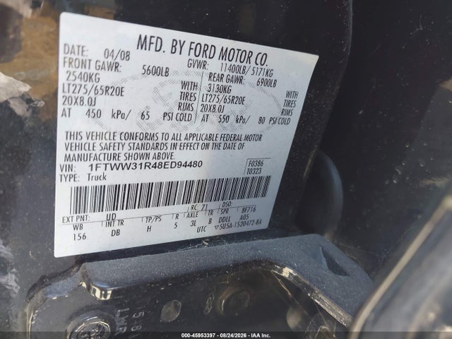 45953397 :رقم المزاد ، 1FTWW31R48ED94480 vin ، 2008 Ford Super Duty F-350 Srw Fx4/harley-davidson/king Ranch/lariat/xl/xlt مزاد بيع
