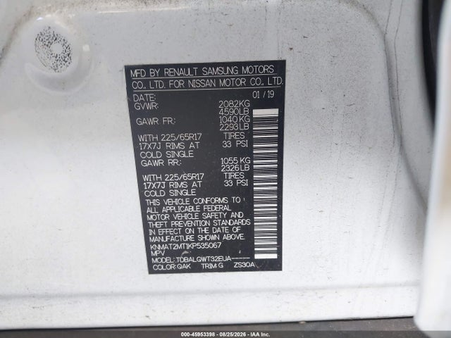 2019 Nissan Rogue Sv მანქანა იყიდება აუქციონზე, vin: KNMAT2MT1KP535067, აუქციონის ნომერი: 45953398