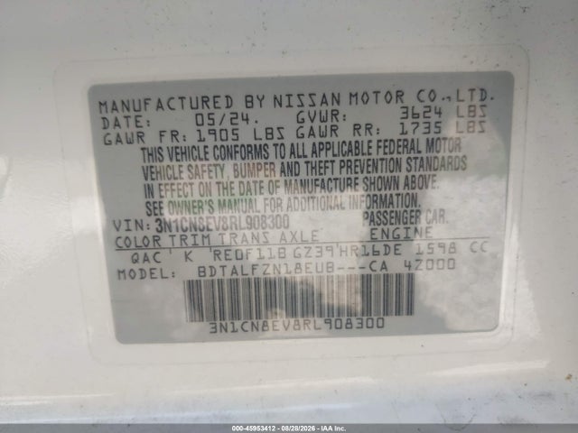 Продаж на аукціоні авто 2024 Nissan Versa 1.6 Sv, vin: 3N1CN8EV8RL908300, номер лоту: 45953412
