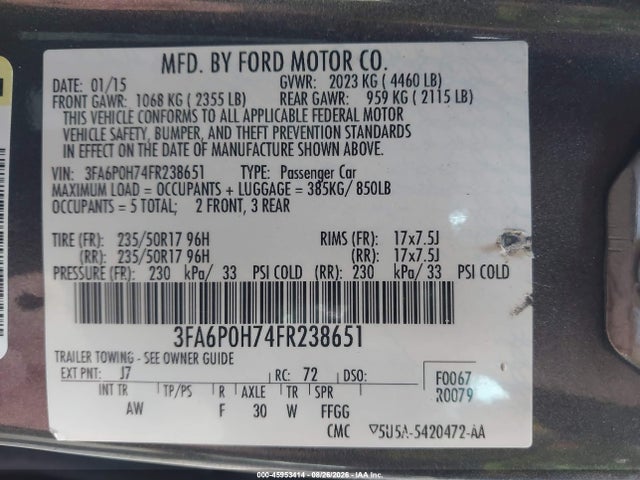 3FA6P0H74FR238651 Ford FUSION SE