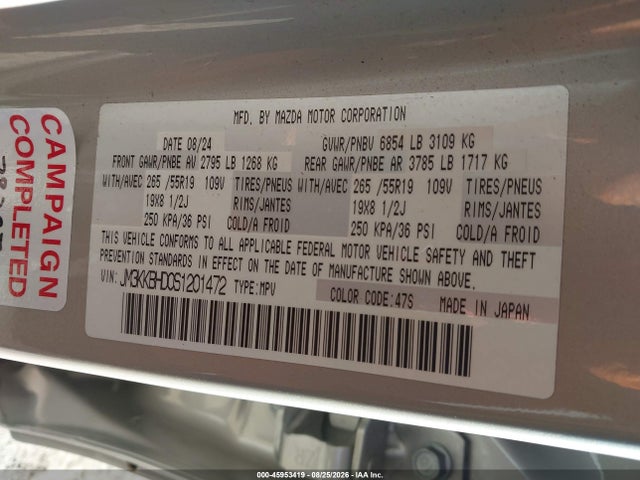 45953419 :رقم المزاد ، JM3KKBHD0S1201472 vin ، 2025 Mazda Cx-90 3.3 Turbo Preferred Package مزاد بيع