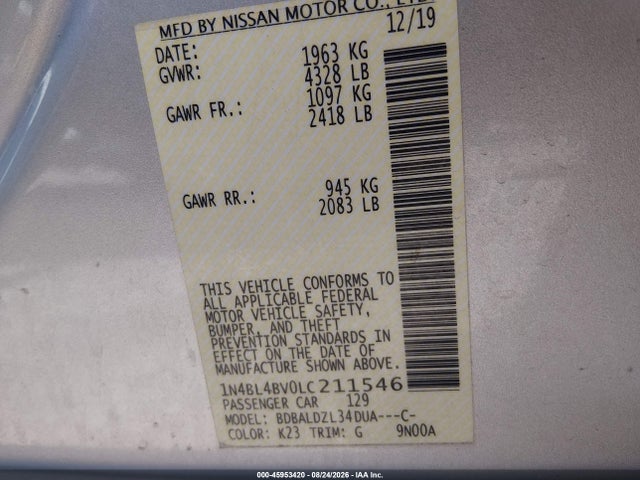 45953420 :رقم المزاد ، 1N4BL4BV0LC211546 vin ، 2020 Nissan Altima S Fwd مزاد بيع