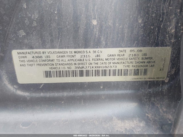 Aukcja sprzedaży 2008 Volkswagen Jetta Wolfsburg Edition, vin: 3VWRJ71KX8M182373, numer aukcji: 45953422