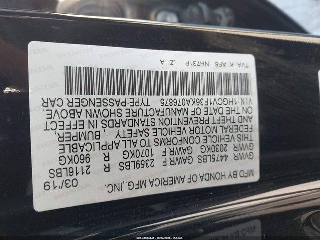 45953441 :رقم المزاد ، 1HGCV1F36KA076875 vin ، 2019 Honda Accord Sport مزاد بيع