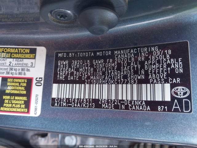 Toyota COROLLA LE 2019 2T1BURHE0KC177383 Image 9