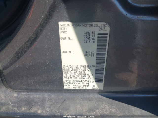 45953449 :رقم المزاد ، 1N4BL4BV0MN407850 vin ، 2021 Nissan Altima S Fwd مزاد بيع