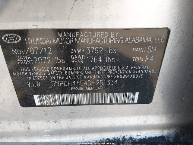 45953458 :رقم المزاد ، 5NPDH4AE4DH251334 vin ، 2013 Hyundai Elantra Gls مزاد بيع