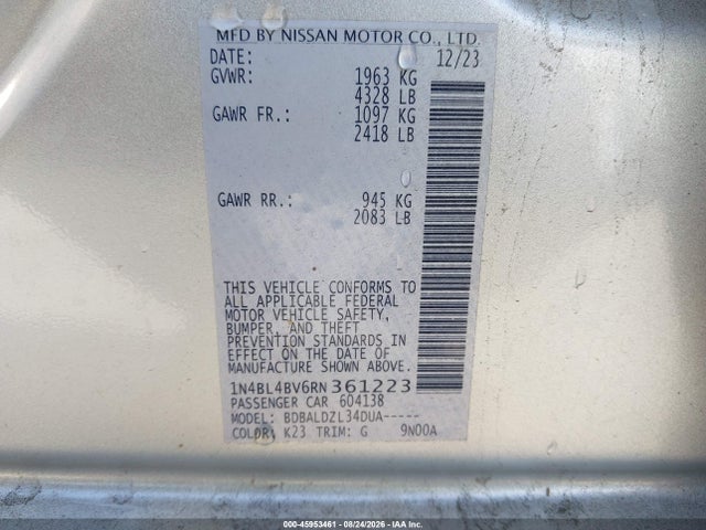 45953461 :رقم المزاد ، 1N4BL4BV6RN361223 vin ، 2024 Nissan Altima S Fwd مزاد بيع