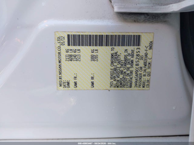Продаж на аукціоні авто 2012 Nissan Maxima 3.5 Sv, vin: 1N4AA5AP0CC852853, номер лоту: 45953467