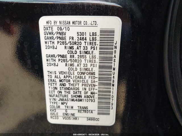 45953471 :رقم المزاد ، JN8AS1MU4BM110793 vin ، 2011 Infiniti Fx35 مزاد بيع