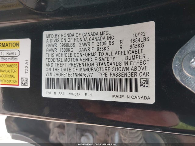 Aukcja sprzedaży 2022 Honda Civic Si Sedan, vin: 2HGFE1E51NH476977, numer aukcji: 45953487