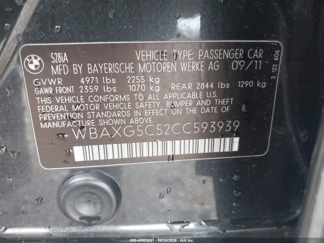 Aukcja sprzedaży 2012 Bmw 528i, vin: WBAXG5C52CC593939, numer aukcji: 45953491