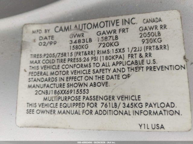 1999 Chevrolet Tracker მანქანა იყიდება აუქციონზე, vin: 2CNBJ186XX6915553, აუქციონის ნომერი: 45953494