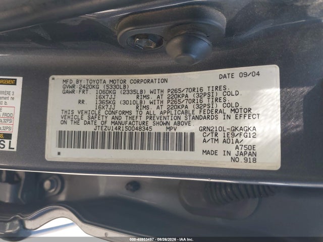 45953497 :رقم المزاد ، JTEZU14R150048345 vin ، 2005 Toyota 4runner Sr5 V6 مزاد بيع