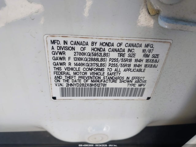 2008 Acura Mdx მანქანა იყიდება აუქციონზე, vin: 2HNYD282X8H512701, აუქციონის ნომერი: 45953500