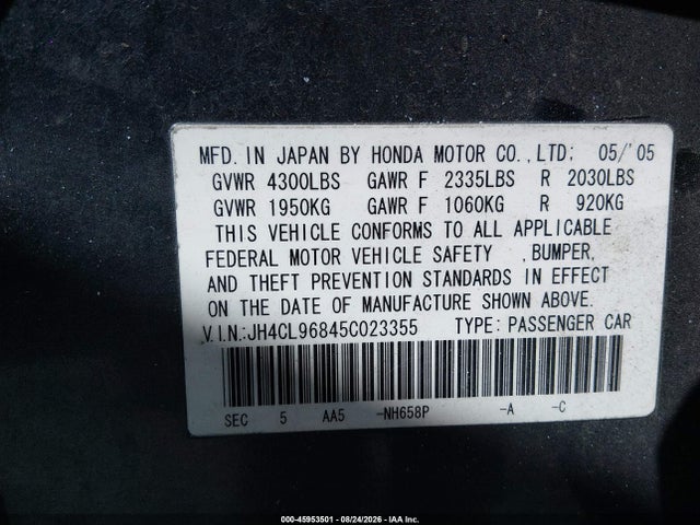 45953501 :رقم المزاد ، JH4CL96845C023355 vin ، 2005 Acura Tsx مزاد بيع