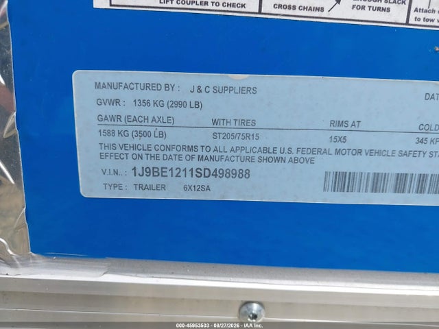 Продаж на аукціоні авто 2025 J & C Trailer, vin: 1J9BE1211SD498988, номер лоту: 45953503