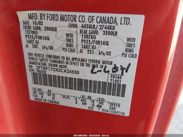 Продаж на аукціоні авто 2003 Ford F-150 Xl/xlt, vin: 2FTRF172X3CA24550, номер лоту: 45953508