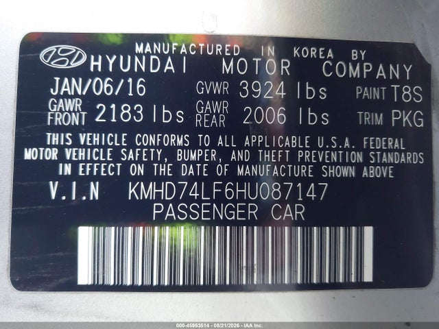 KMHD74LF6HU087147 Hyundai ELANTRA SE