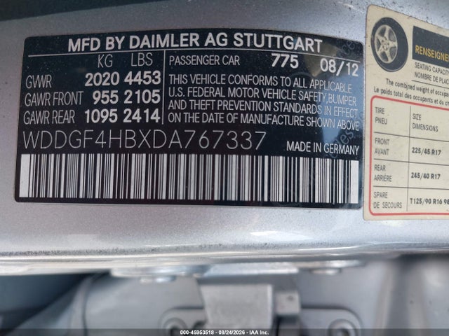 45953518 :رقم المزاد ، WDDGF4HBXDA767337 vin ، 2013 Mercedes-benz C 250 Sport مزاد بيع