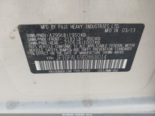 45953530 :رقم المزاد ، JF1GPAL69D2868014 vin ، 2013 Subaru Impreza 2.0i Sport Premium مزاد بيع