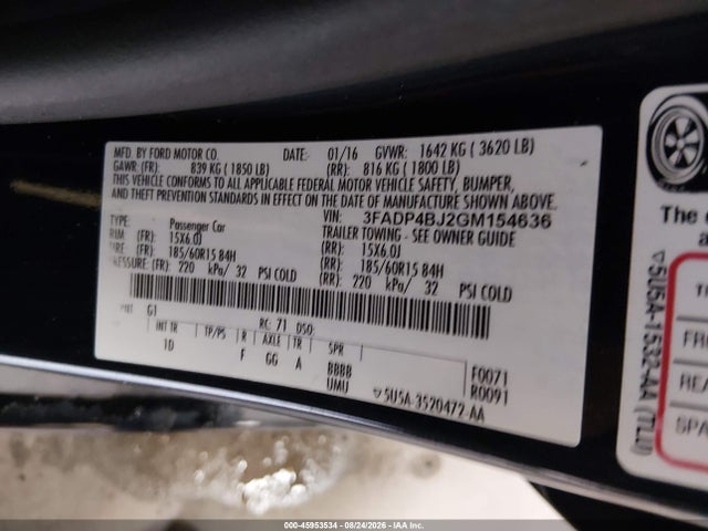2016 Ford Fiesta Se მანქანა იყიდება აუქციონზე, vin: 3FADP4BJ2GM154636, აუქციონის ნომერი: 45953534