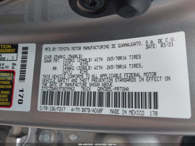 45953542 :رقم المزاد ، 3TYCZ5AN1MT029962 vin ، 2021 Toyota Tacoma Trd Off-road مزاد بيع