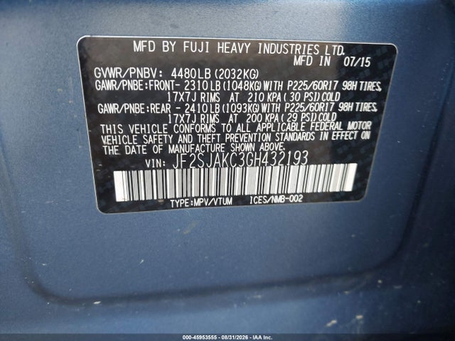 Aukcja sprzedaży 2016 Subaru Forester 2.5i Limited, vin: JF2SJAKC3GH432193, numer aukcji: 45953555