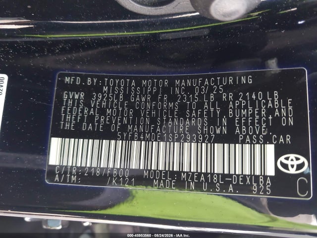 Aukcja sprzedaży 2025 Toyota Corolla Le, vin: 5YFB4MDE1SP293927, numer aukcji: 45953560