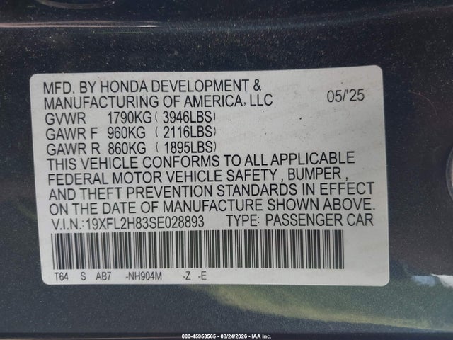 45953565 :رقم المزاد ، 19XFL2H83SE028893 vin ، 2025 Honda Civic Sedan Sport مزاد بيع