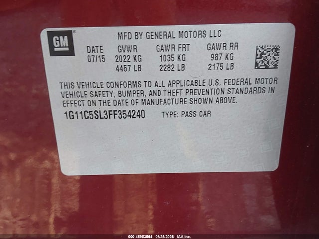 45953564 :رقم المزاد ، 1G11C5SL3FF354240 vin ، 2015 Chevrolet Malibu 1lt مزاد بيع