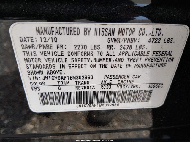 45953566 :رقم المزاد ، JN1CV6AP1BM302960 vin ، 2011 Infiniti G37 Journey مزاد بيع