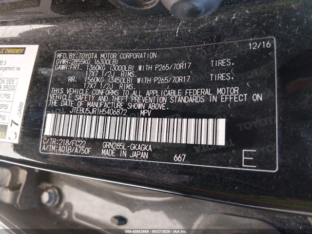 45953569 :رقم المزاد ، JTEBU5JR1H5406872 vin ، 2017 Toyota 4runner Trd Off Road مزاد بيع