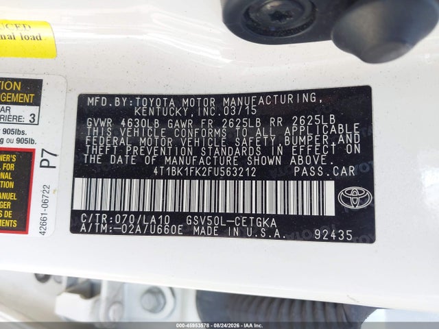 Продажа на аукционе авто 2015 Toyota Camry Xle V6, vin: 4T1BK1FK2FU563212, номер лота: 45953578