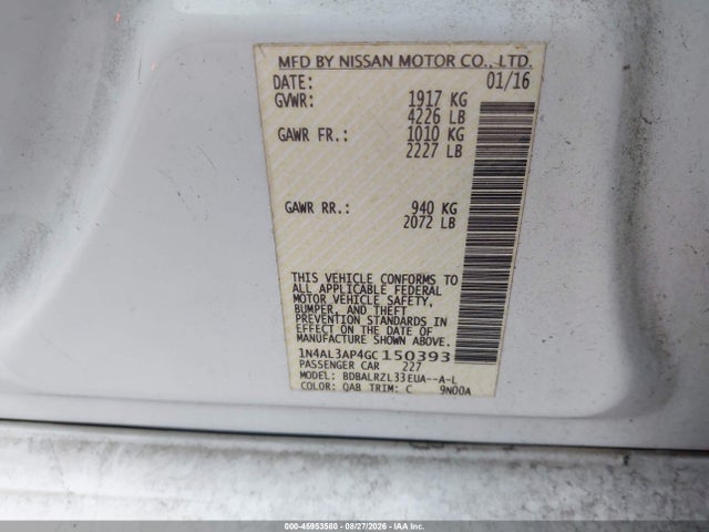 45953580 :رقم المزاد ، 1N4AL3AP4GC150393 vin ، 2016 Nissan Altima 2.5 Sl مزاد بيع