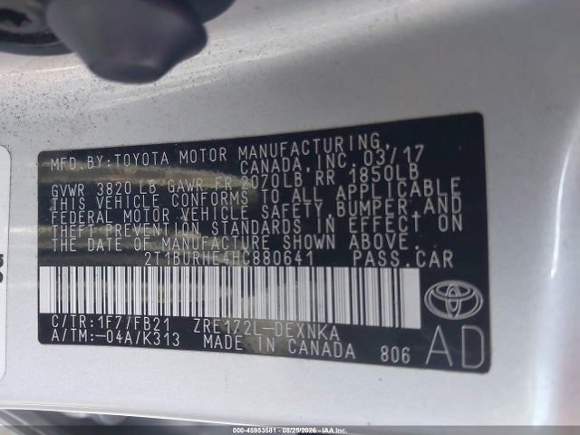 2017 Toyota Corolla Le მანქანა იყიდება აუქციონზე, vin: 2T1BURHE4HC880641, აუქციონის ნომერი: 45953581